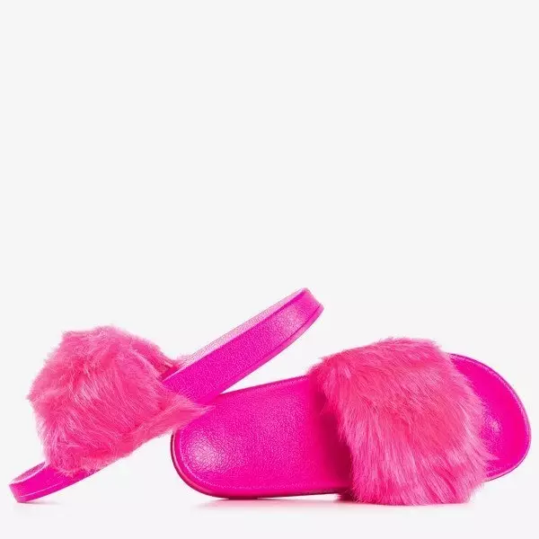 OUTLET Papuci roz neon cu blană Millie- Încălțăminte