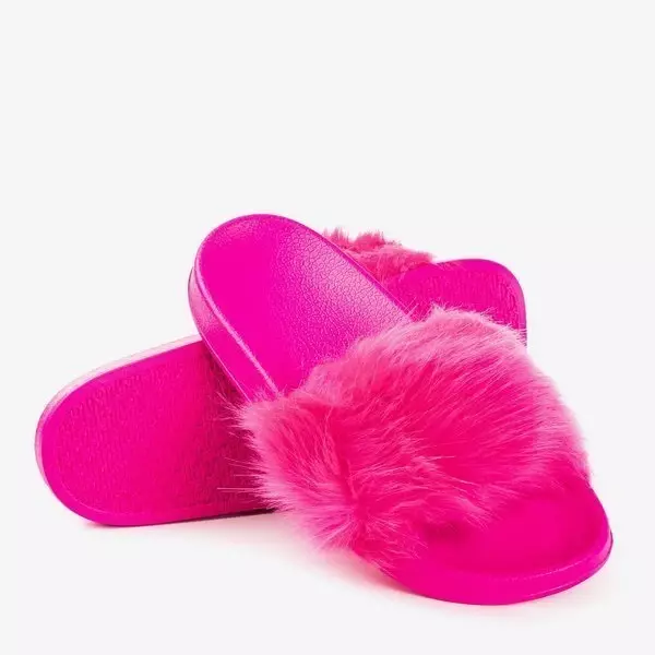 OUTLET Papuci roz neon cu blană Millie- Încălțăminte