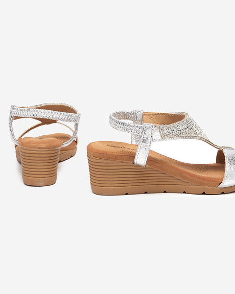 OUTLET Sandale de damă cu zirconi pe toc pană din argintiu Serrifo- Pantofi