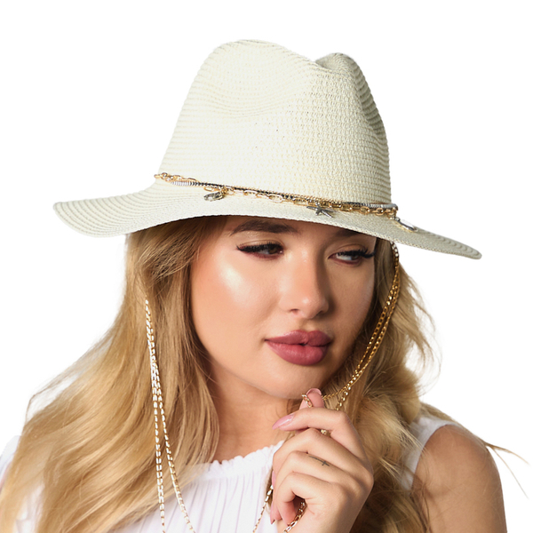 Pălărie de paie de damă decorată cu un lanț de culoare crem - Accesorii
