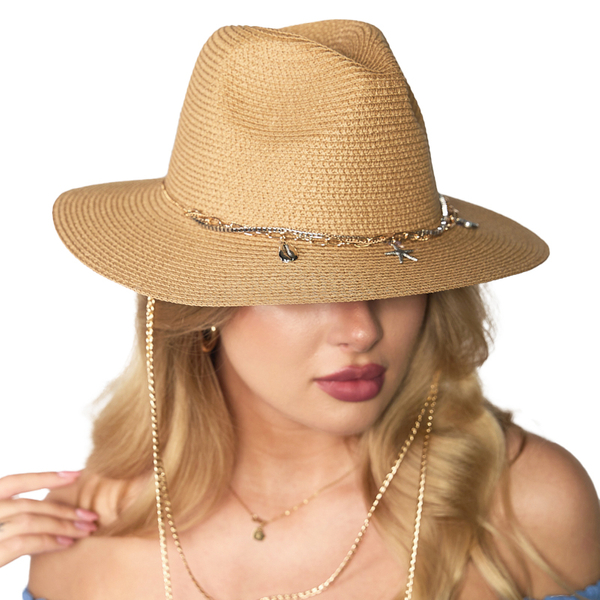 Pălărie de paie de damă decorată cu un lanț maro deschis - Accesorii