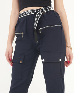 Pantaloni cargo de damă bleumarin cu buzunare - Îmbrăcăminte
