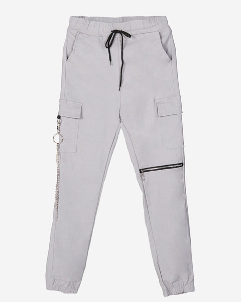Pantaloni cargo de damă gri deschis cu lanț - Îmbrăcăminte