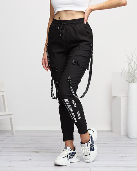 Pantaloni cargo negri de damă cu inscripții - Îmbrăcăminte