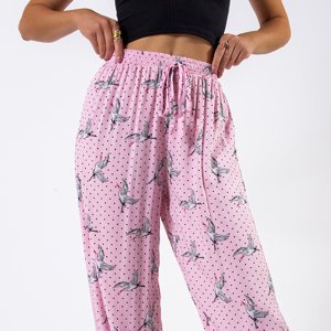 Pantaloni de harem pentru femei roz cu păsări - Îmbrăcăminte