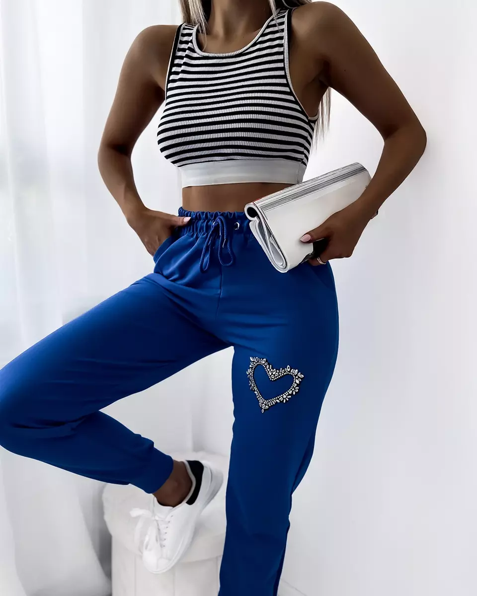 Pantaloni de trening albastru pentru femei cu ornament de zirconiu- Îmbrăcăminte