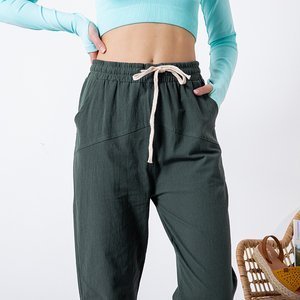 Pantaloni drepți din bumbac verde - gri pentru femei PLUS SIZE - Îmbrăcăminte