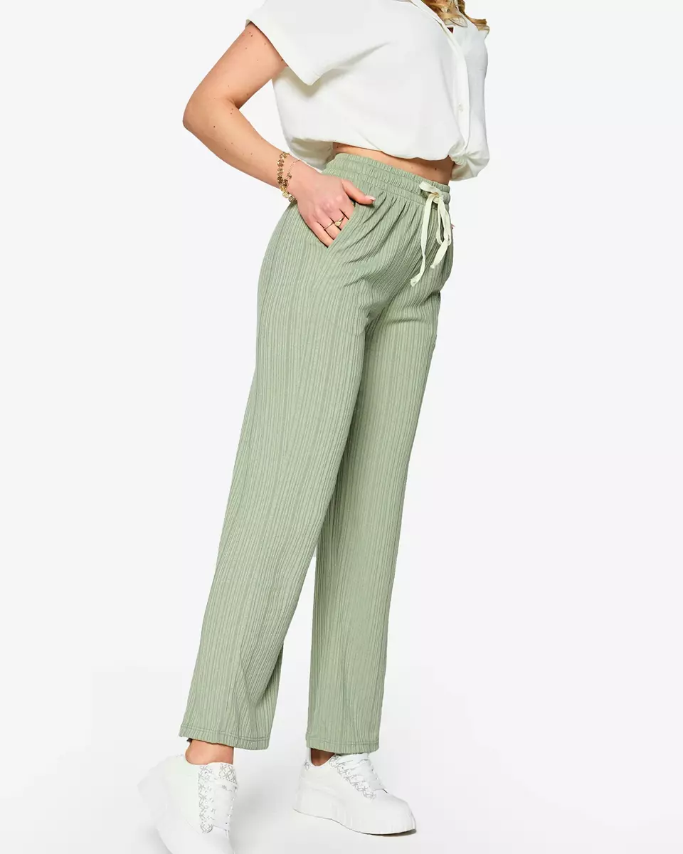 Pantaloni largi cu nervuri pentru femei, de culoare verde - Îmbrăcăminte