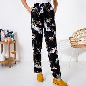 Pantaloni negri pentru femei cu model floral - Îmbrăcăminte
