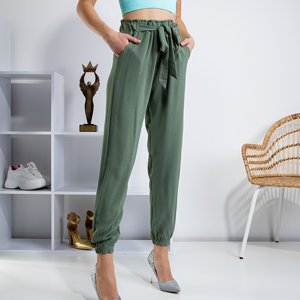 Pantaloni verzi pentru femei cu talie adunată - Îmbrăcăminte
