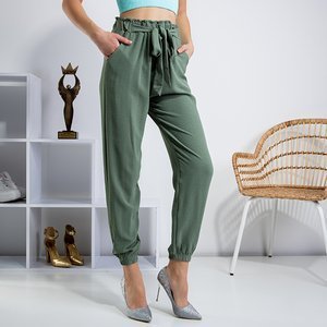 Pantaloni verzi pentru femei cu talie adunată - Îmbrăcăminte