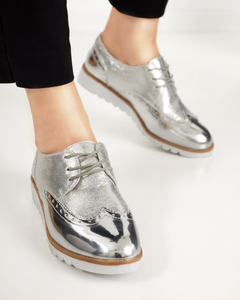 Pantofi de damă argintii cu inserții de retinis argintii strălucitori - Încălțăminte