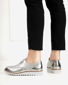 Pantofi de damă argintii cu inserții de retinis argintii strălucitori - Încălțăminte