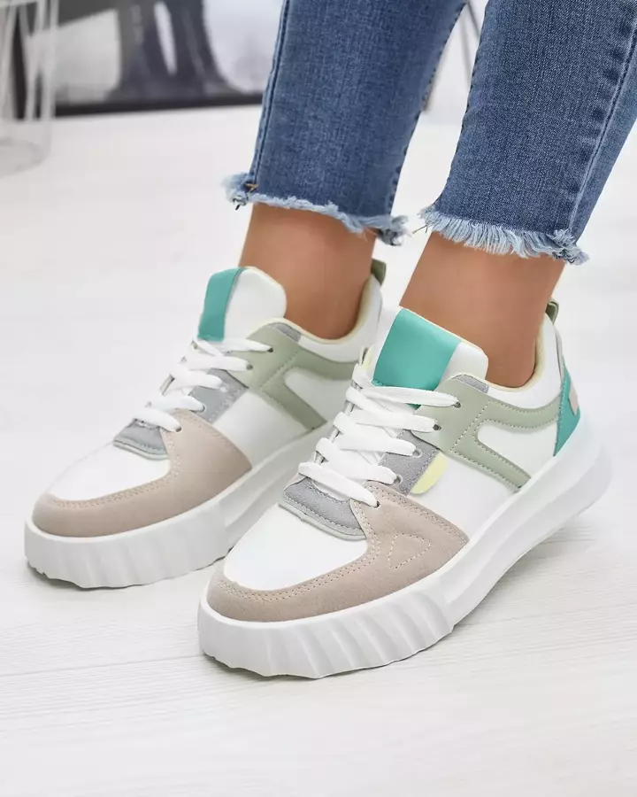 Pantofi sport casual pentru femei din piele ecologică, de culoare albă, cu inserții verzi Netiris - Încălțăminte