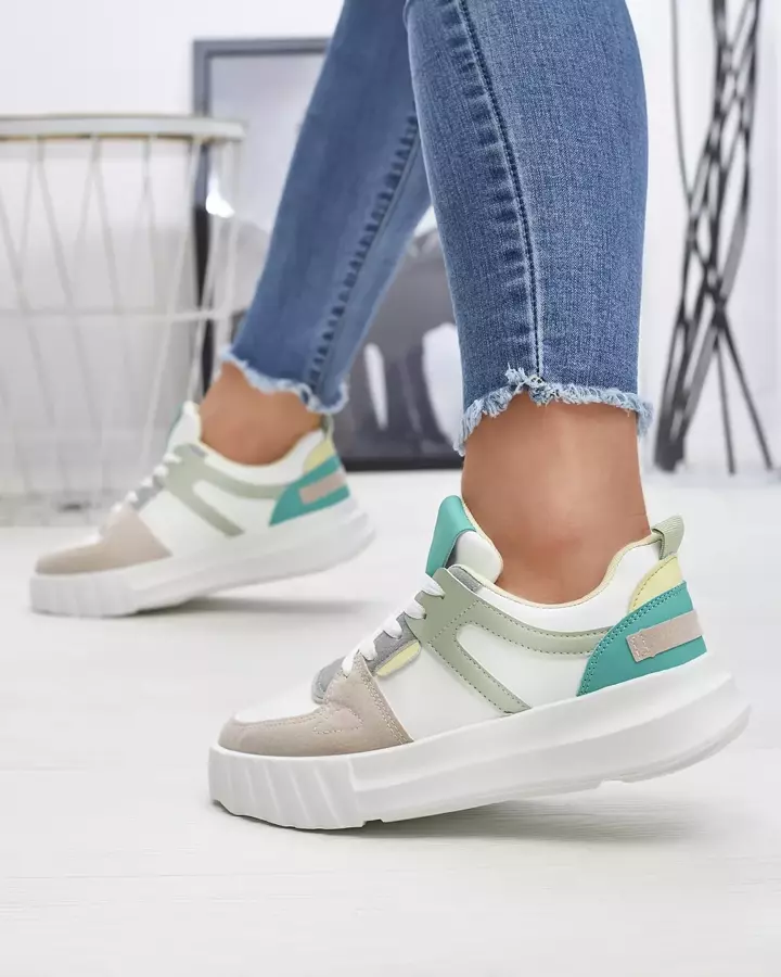 Pantofi sport casual pentru femei din piele ecologică, de culoare albă, cu inserții verzi Netiris - Încălțăminte