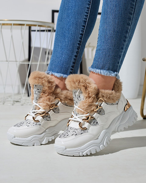Pantofi sport lăcuiți de culoare albă pentru femei cu blană Axili- Footwear