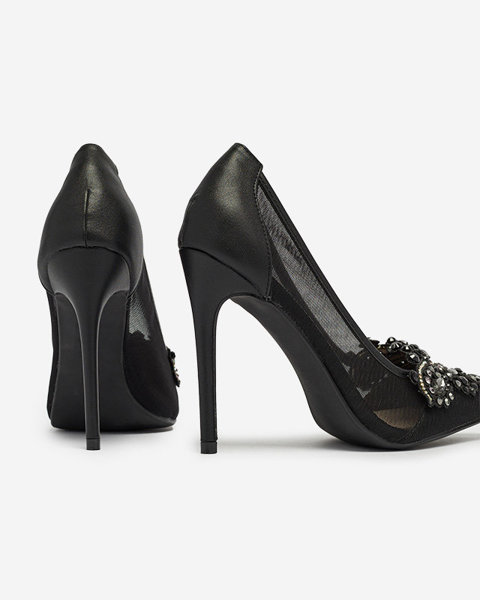 Pantofi stiletto de damă negri cu plasă și zirconii Heiflo- Footwear