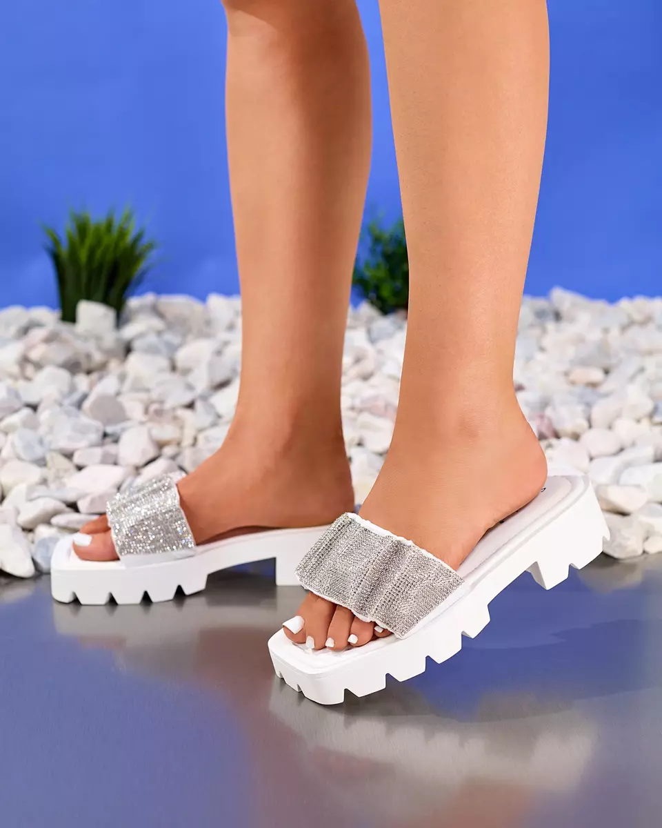 Papuci de dama albi cu zirconiu cubic Emkoy - Incaltaminte