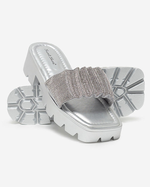 Papuci de dama argintii cu zirconiu cubic Emkoy - Incaltaminte