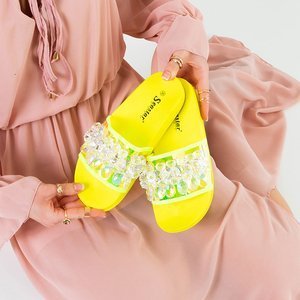 Papuci de dama de culoare galben neon cu pietre Halpasi - Încălțăminte