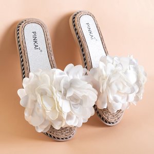 Papuci de damă din piele ecologică albă cu flori Etain - Încălțăminte