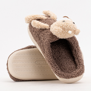 Papuci de damă maro cu ursuleț de pluș - Pantofi