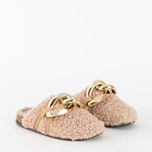 Papuci de damă maro deschis cu palton și lanț din piele de oaie Juka - Pantofi