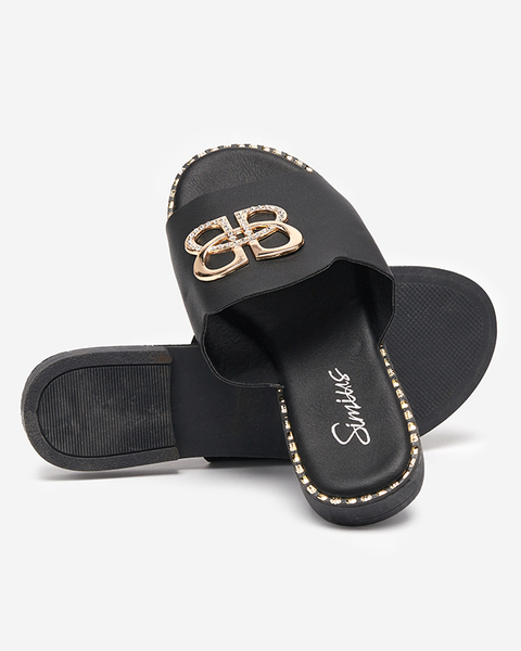 Papuci de dama negri cu ornament auriu Silobi- Incaltaminte