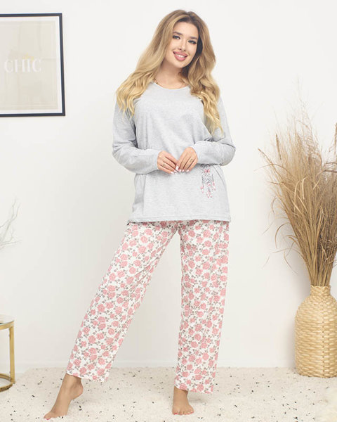 Pijama de damă cu imprimeu floral în gri deschis PLUS SIZE- Îmbrăcăminte