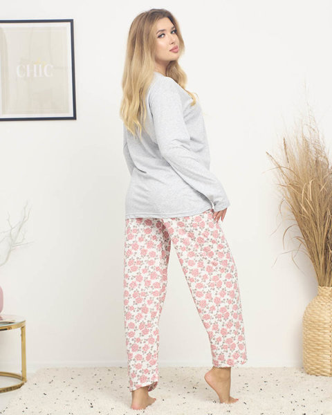 Pijama de damă cu imprimeu floral în gri deschis PLUS SIZE- Îmbrăcăminte