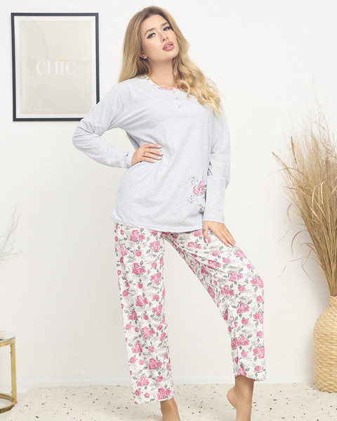 Pijama de damă cu imprimeu floral în gri-roz PLUS SIZE- Îmbrăcăminte