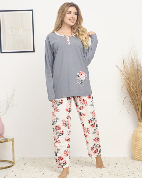 Pijamale damă gri cu imprimeu floral PLUS SIZE - Îmbrăcăminte