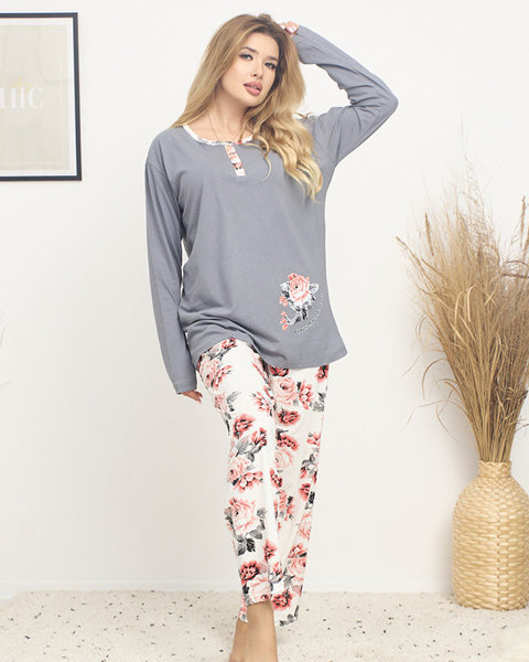 Pijamale damă gri cu imprimeu floral PLUS SIZE - Îmbrăcăminte