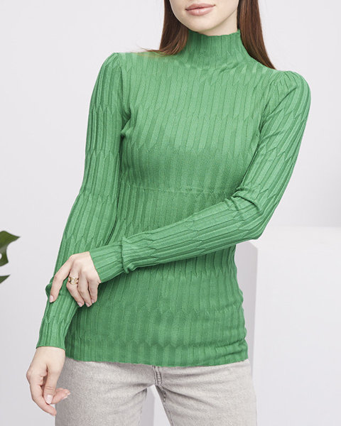 Pulover de damă cu nervuri cu guler ridicat în culoarea verde - Îmbrăcăminte