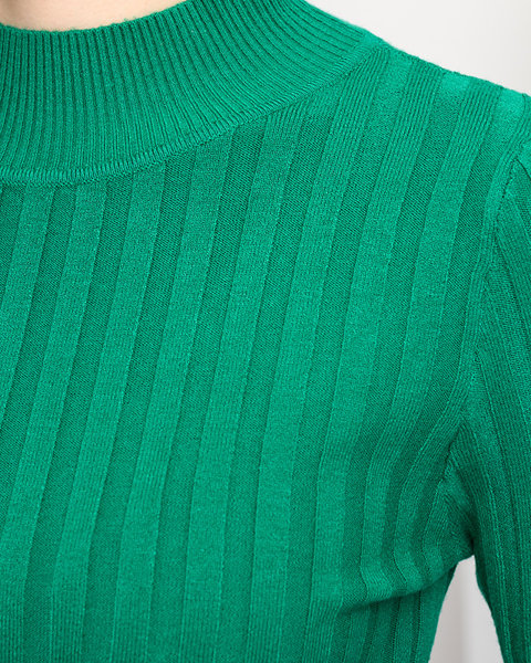 Pulover de damă verde cu nervuri cu guler ridicat - Îmbrăcăminte