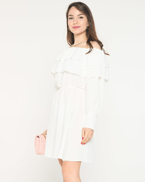 Rochie albă scurtă de damă cu volane- Îmbrăcăminte