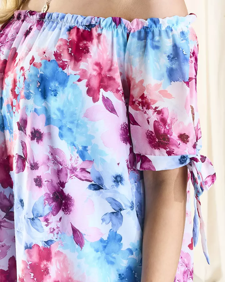 Rochie de damă albastră a'la hiszpanka cu flori colorate - Îmbrăcăminte
