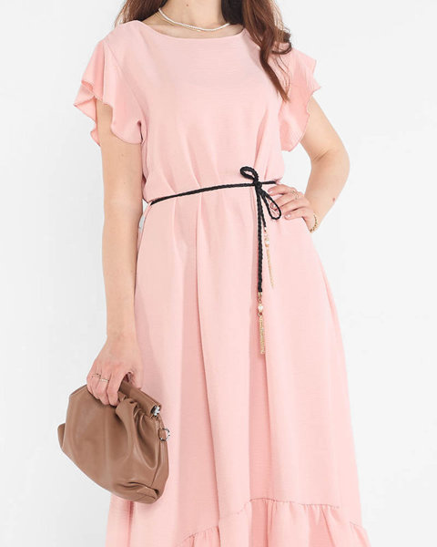 Rochie de damă roz deschis cu volane și legătură în talie - Îmbrăcăminte