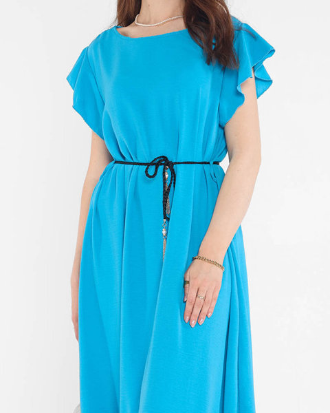 Rochie de damă turcoaz cu volane și legături în talie - Îmbrăcăminte