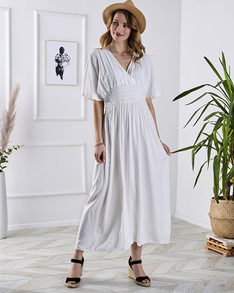 Rochie lungă albă de damă cu decolteu plic - Îmbrăcăminte