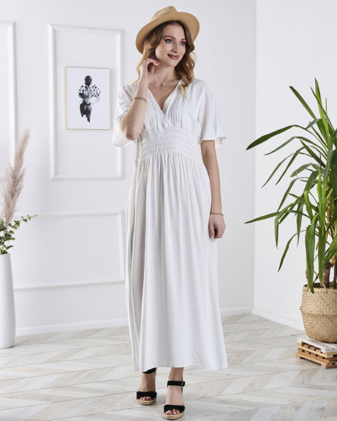 Rochie lungă albă de damă cu decolteu plic - Îmbrăcăminte