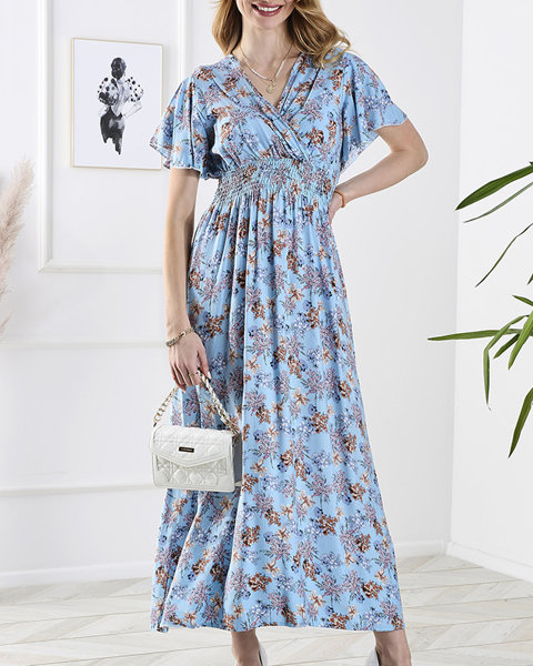 Rochie lungă cu flori pentru femei, de culoare albastră - Îmbrăcăminte