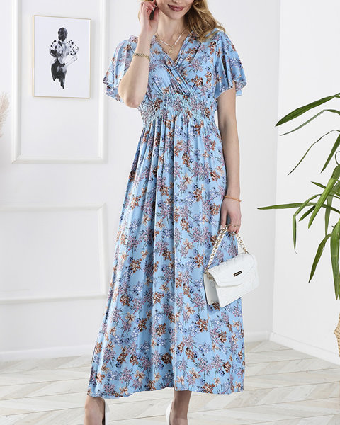 Rochie lungă cu flori pentru femei, de culoare albastră - Îmbrăcăminte