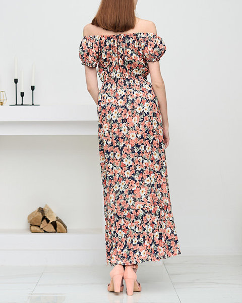 Rochie lungă de damă bleumarin cu flori de coral - Îmbrăcăminte