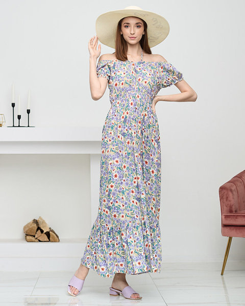 Rochie lungă de vară verde pentru femei cu flori mov - Îmbrăcăminte