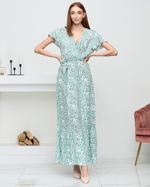 Rochie lungă de vară verde și albă pentru femei cu frunze - Îmbrăcăminte