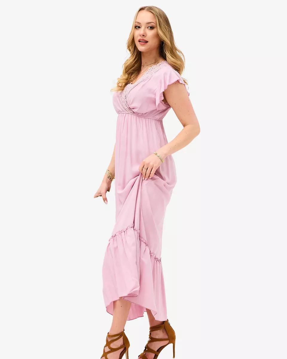 Rochie lungă roz de damă cu dantelă - Îmbrăcăminte