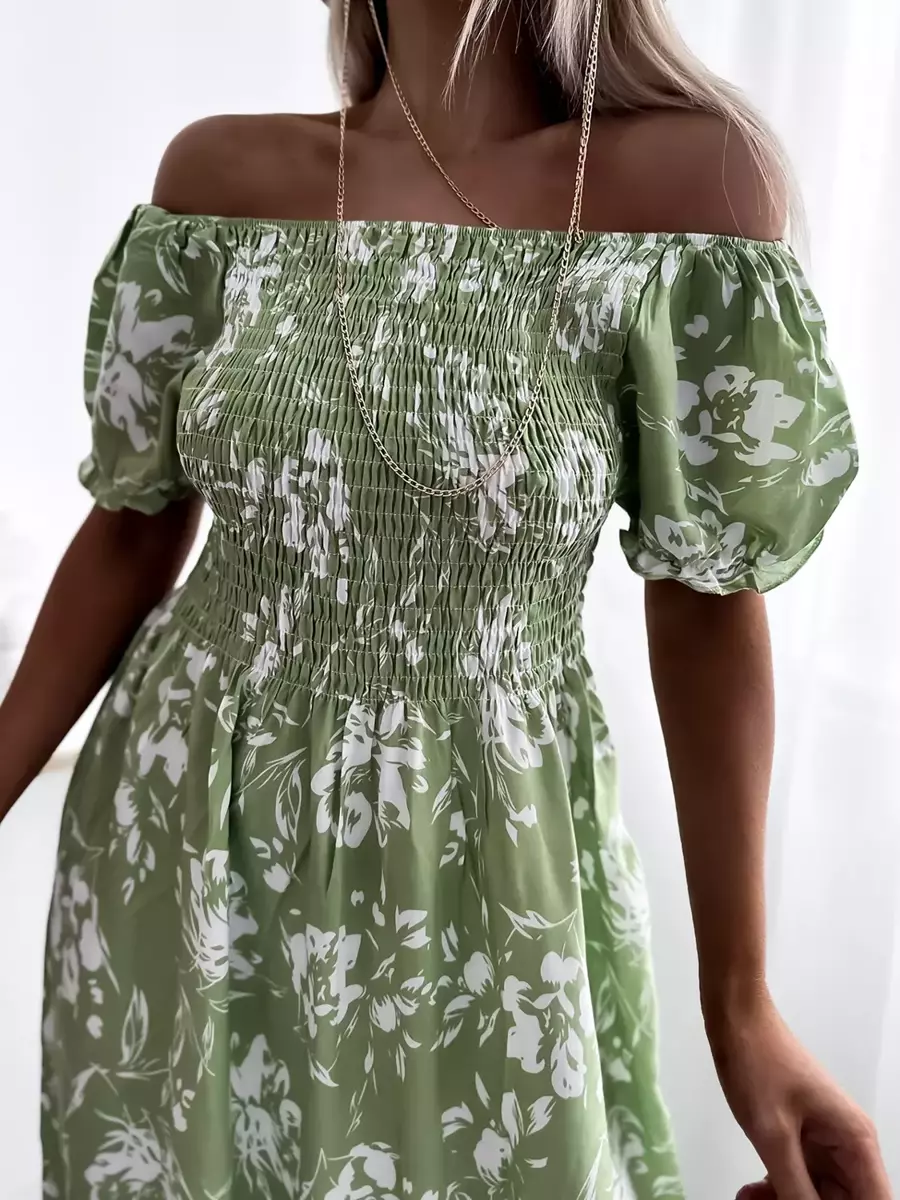 Rochie maxi de damă verde deschis cu imprimeu floral- Îmbrăcăminte