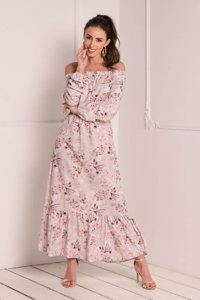 Rochie maxi pentru femei roz deschis cu flori a'la spaniolă - Îmbrăcăminte