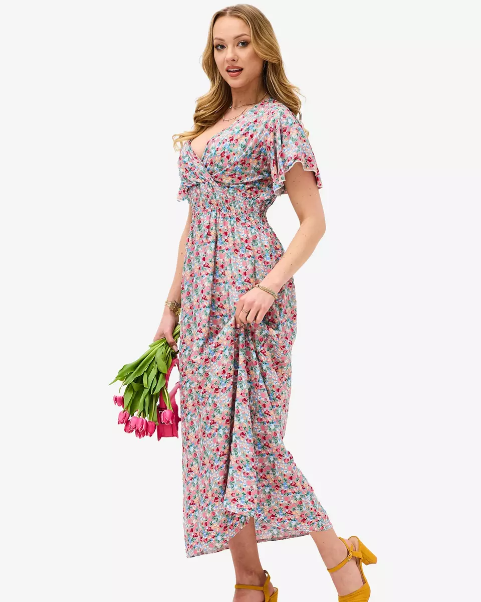 Rochie midi de damă bej floral cu decolteu plic - Îmbrăcăminte